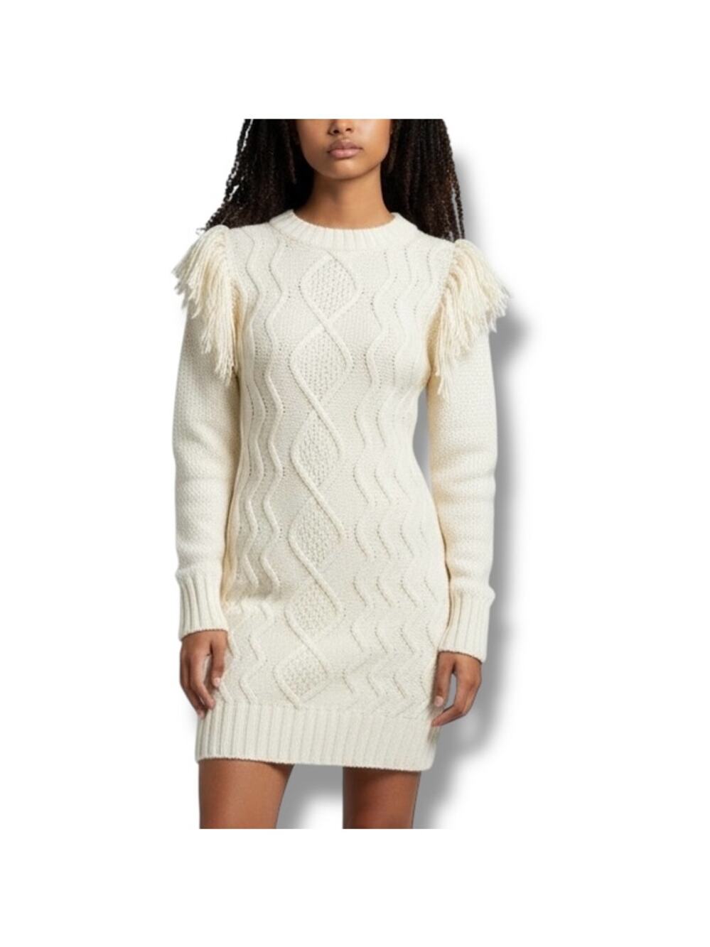 Eliza J Size XS Ivory Fringe Shoulder Cable Knit Sweater Dress Boho Cowgirl